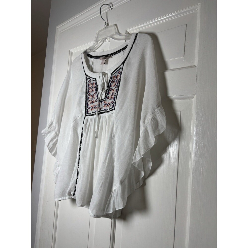 Forever 21 Women's M Boho Aztec Print Embroidered Top White Pancho Blouse - Picture 3 of 8